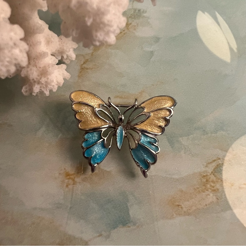 Enamel and Silver Tone Butterfly Brooch